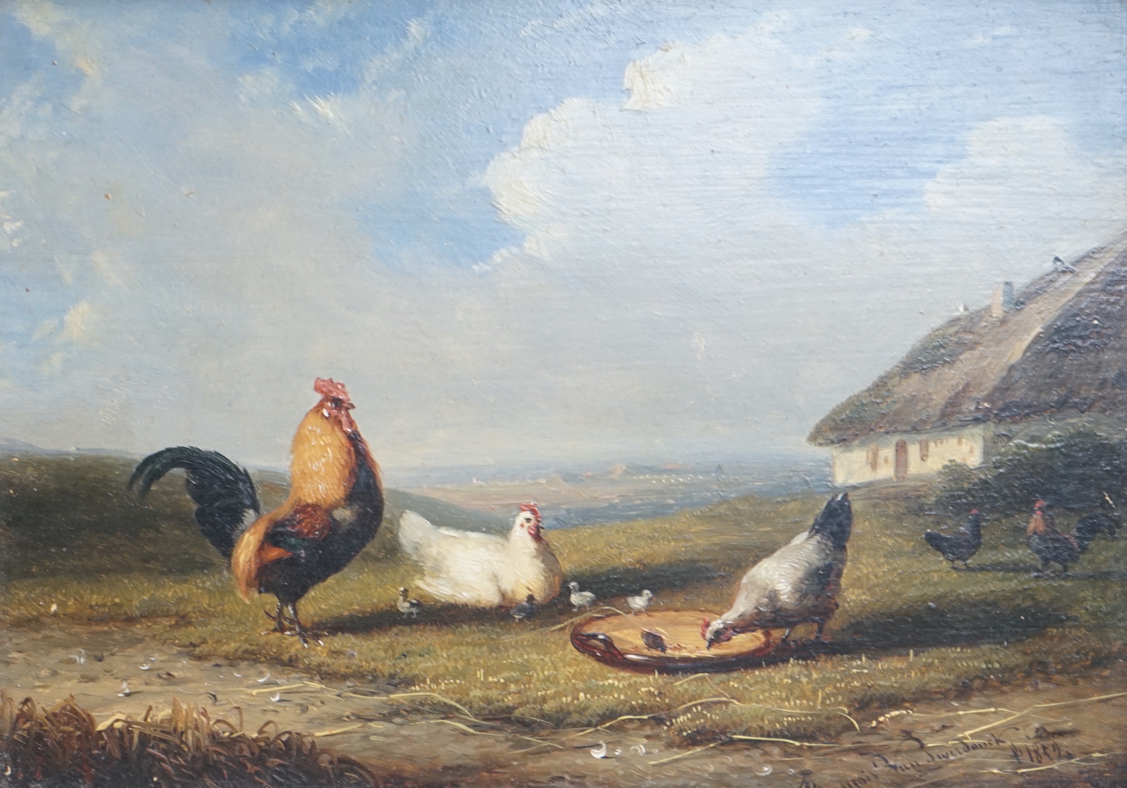 Frans Van Severdonck (Belgian, 1809-1899), oil on board, farmyard scene with poultry, signed and dated lower right 1852, 13 x 18cm